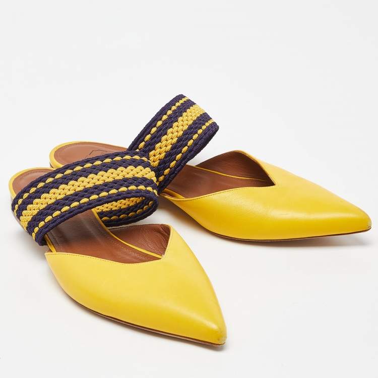 Pre Owned Malone Souliers Yellow Leather and Fabric Maisie Flat Mules Size 37