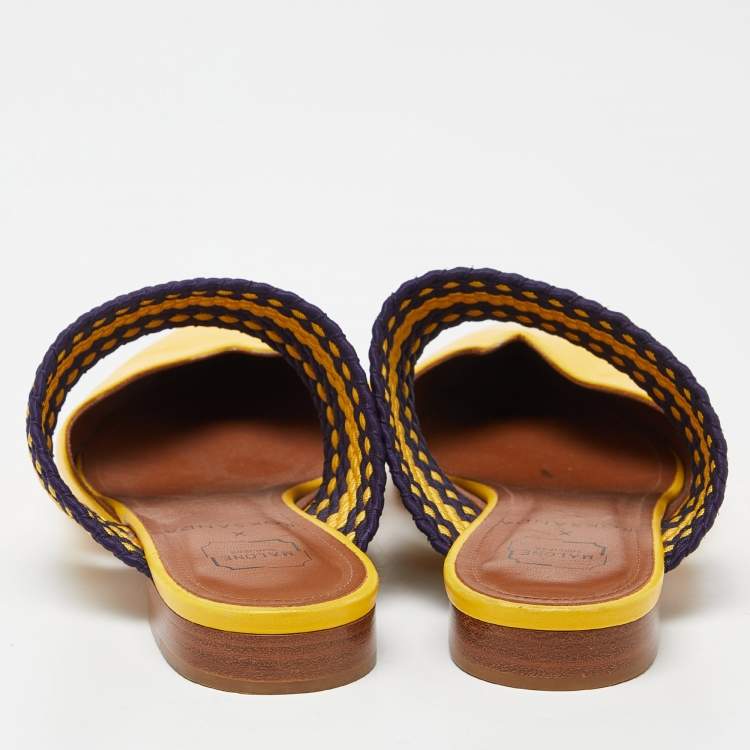 Pre Owned Malone Souliers Yellow Leather and Fabric Maisie Flat Mules Size 37