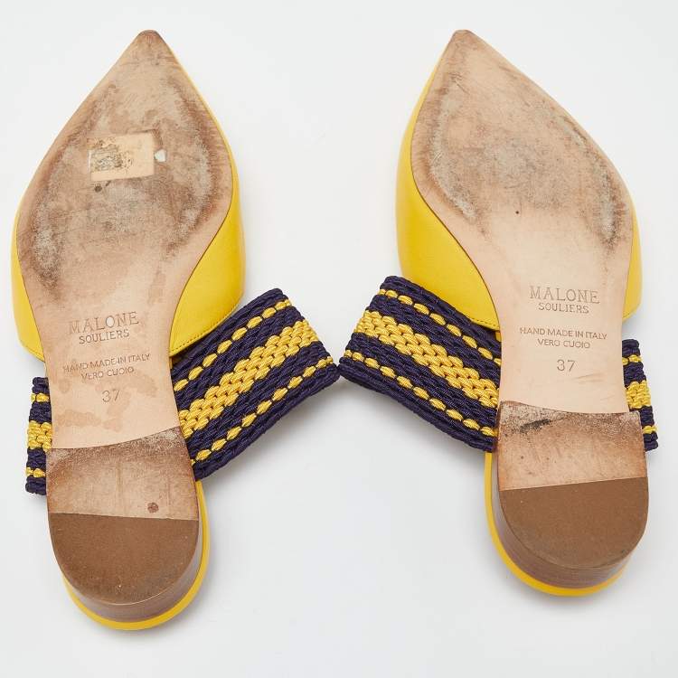 Pre Owned Malone Souliers Yellow Leather and Fabric Maisie Flat Mules Size 37