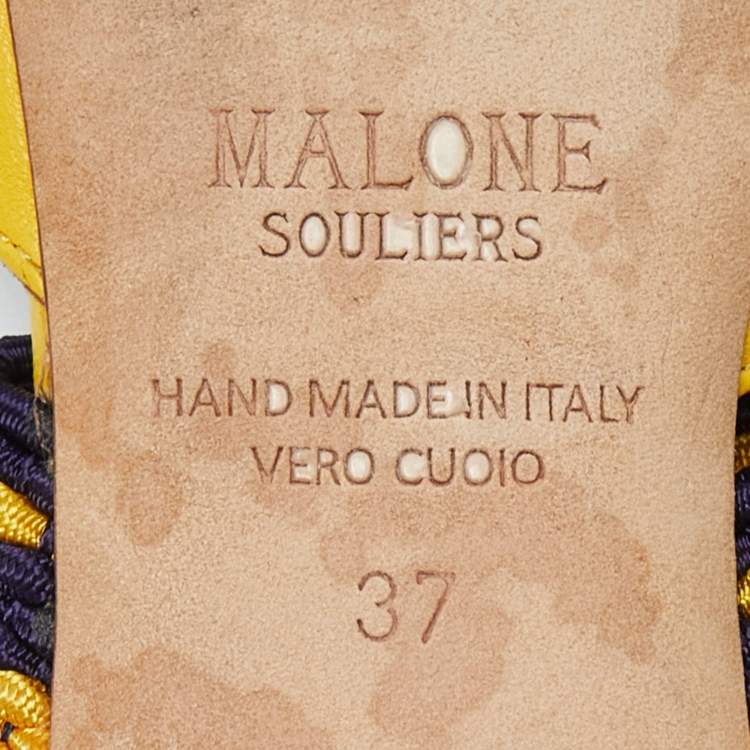 Pre Owned Malone Souliers Yellow Leather and Fabric Maisie Flat Mules Size 37