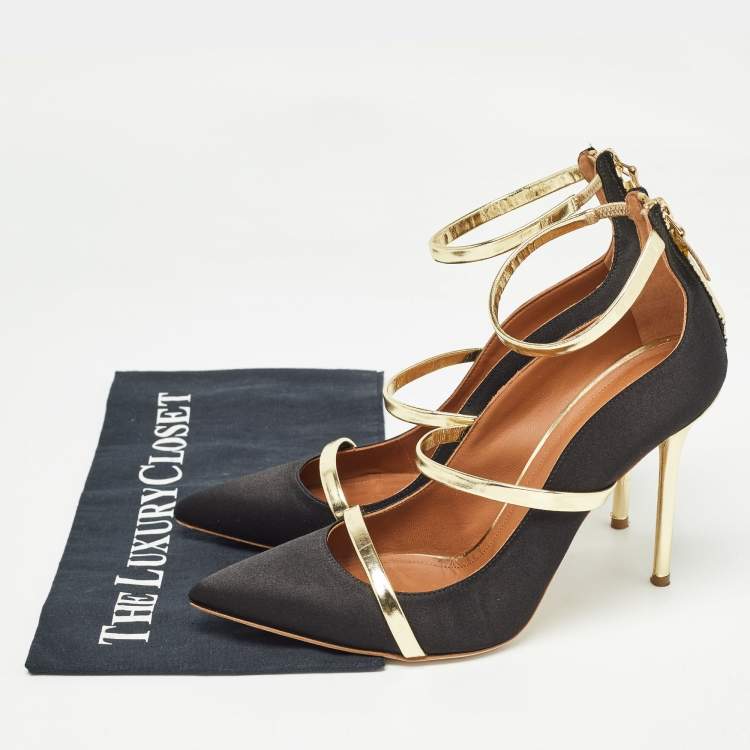 Pre Owned Malone Souliers Black Satin and Foil Leather Robyn Strappy Pumps Size 40