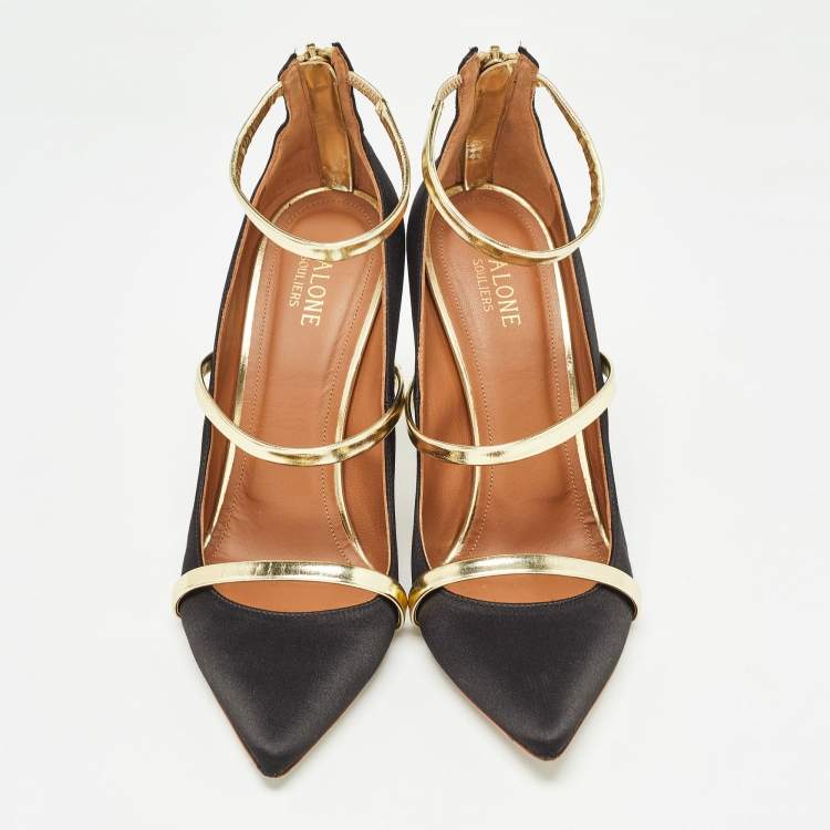 Pre Owned Malone Souliers Black Satin and Foil Leather Robyn Strappy Pumps Size 40