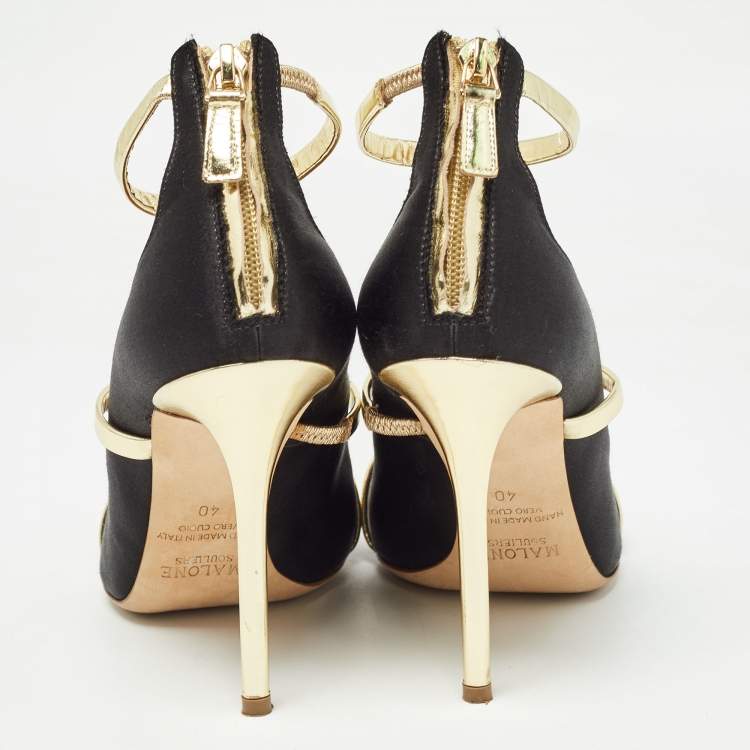 Pre Owned Malone Souliers Black Satin and Foil Leather Robyn Strappy Pumps Size 40