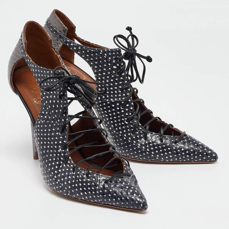 Pre Owned Malone Souliers Navy Blue/Grey Python Montana Lace Up Booties Size 41