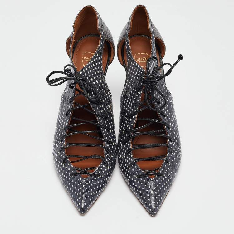 Pre Owned Malone Souliers Navy Blue/Grey Python Montana Lace Up Booties Size 41