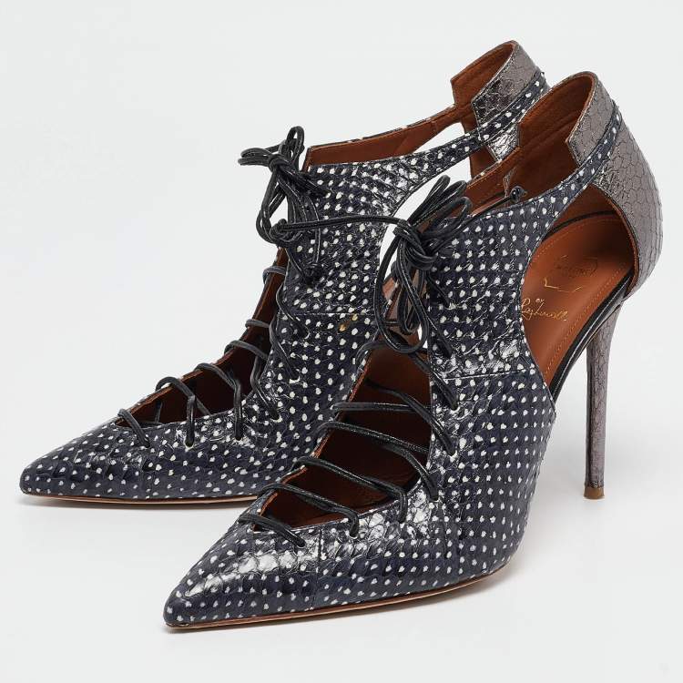 Pre Owned Malone Souliers Navy Blue/Grey Python Montana Lace Up Booties Size 41