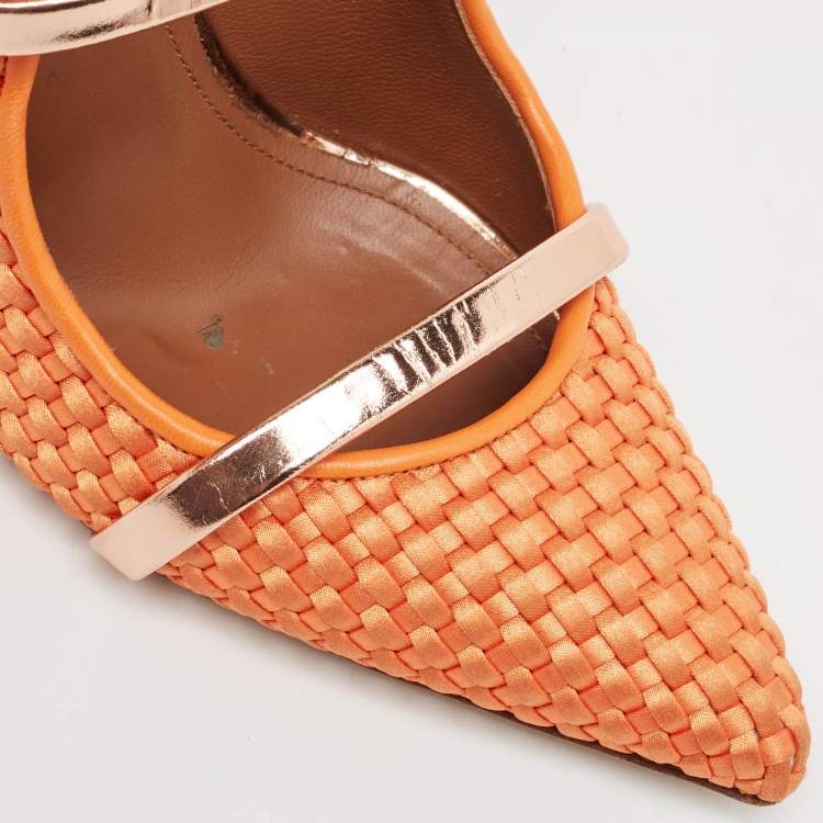 Pre Owned Malone Souliers Orange Woven Satin Maureen Mules Size 38