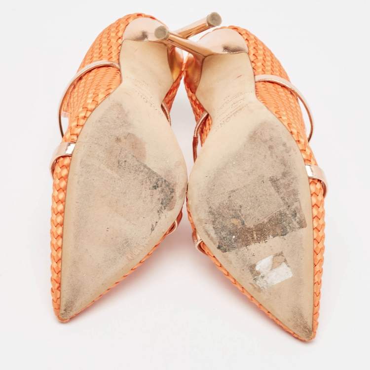 Pre Owned Malone Souliers Orange Woven Satin Maureen Mules Size 38