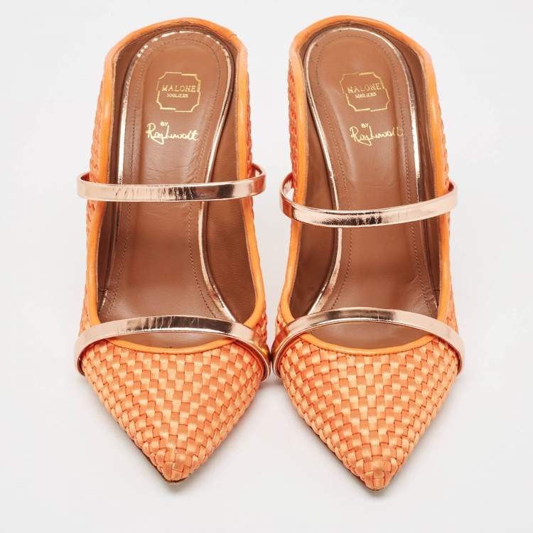 Pre Owned Malone Souliers Orange Woven Satin Maureen Mules Size 38