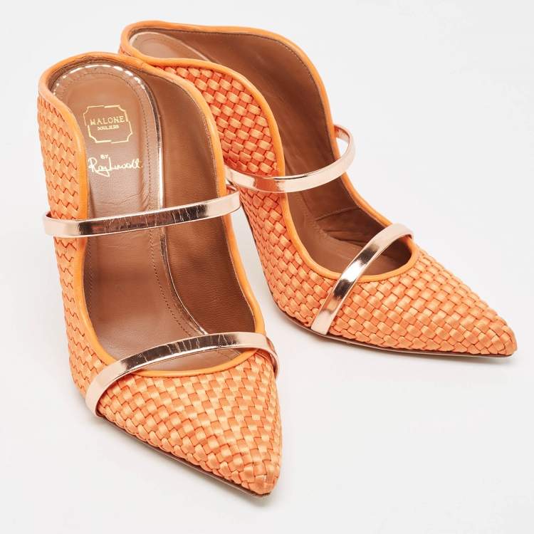 Pre Owned Malone Souliers Orange Woven Satin Maureen Mules Size 38