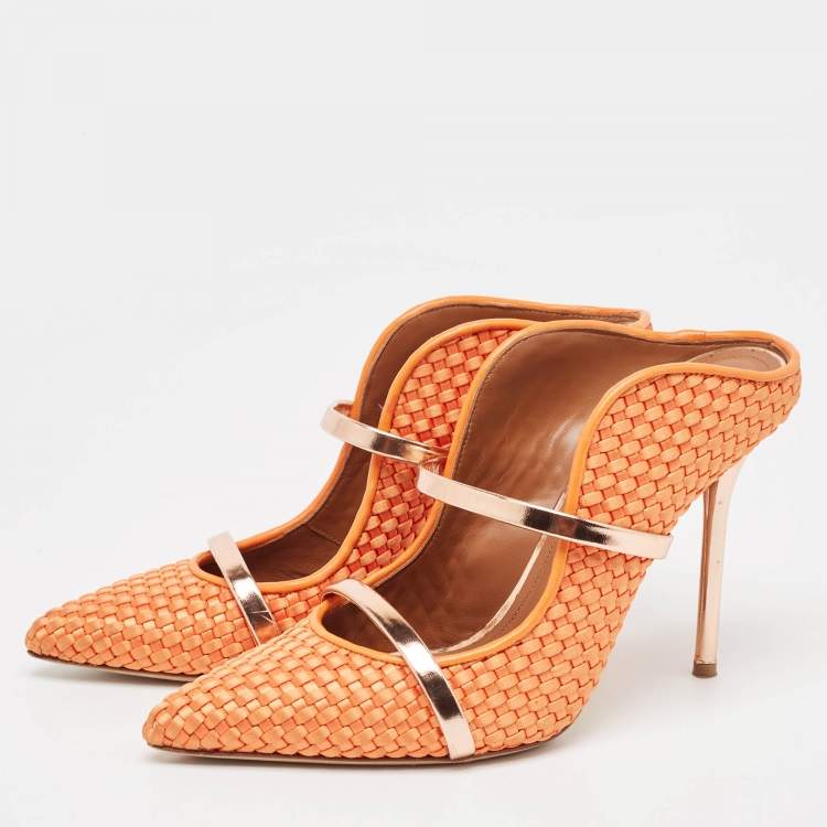 Pre Owned Malone Souliers Orange Woven Satin Maureen Mules Size 38