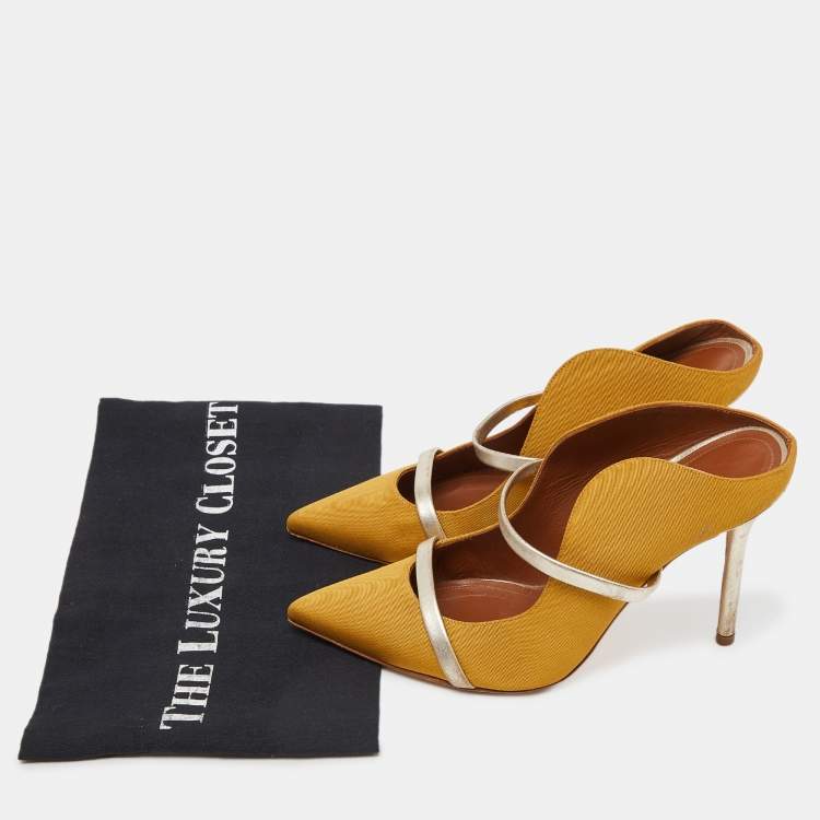 Pre Owned Malone Souliers Mustard Yellow/Gold Fabric and Leather Maureen Mules Size 37