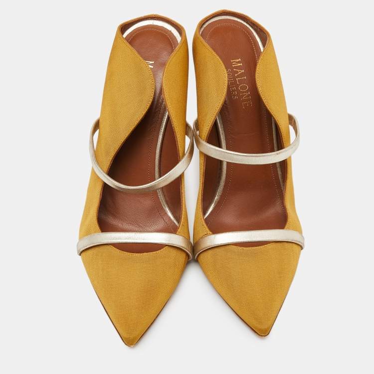 Pre Owned Malone Souliers Mustard Yellow/Gold Fabric and Leather Maureen Mules Size 37