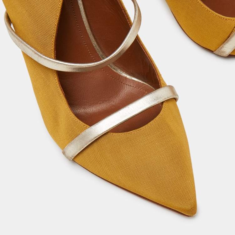 Pre Owned Malone Souliers Mustard Yellow/Gold Fabric and Leather Maureen Mules Size 37