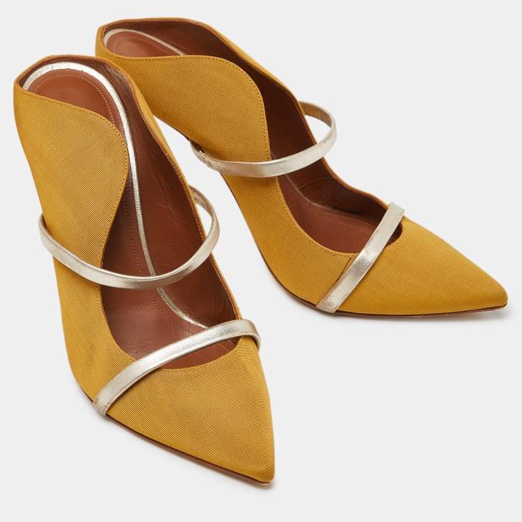 Pre Owned Malone Souliers Mustard Yellow/Gold Fabric and Leather Maureen Mules Size 37