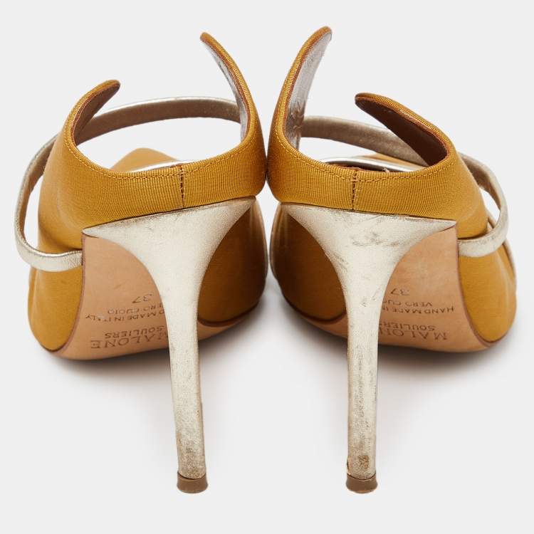 Pre Owned Malone Souliers Mustard Yellow/Gold Fabric and Leather Maureen Mules Size 37