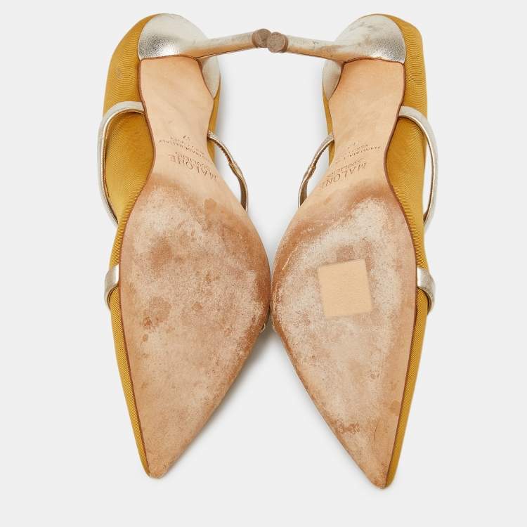 Pre Owned Malone Souliers Mustard Yellow/Gold Fabric and Leather Maureen Mules Size 37