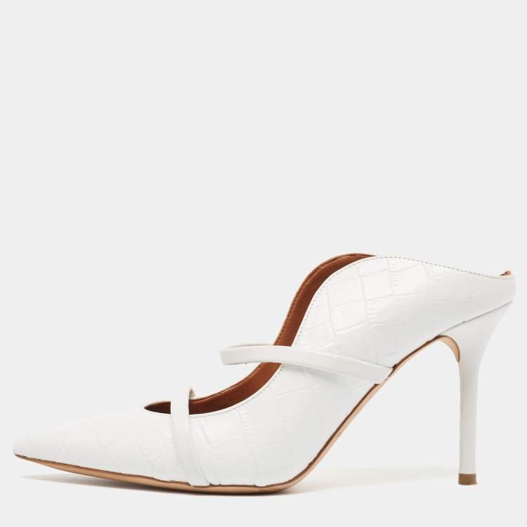 Pre Owned Malone Souliers White Croc Embossed Leather Maureen Pointed Toe Mules Size 37.5
