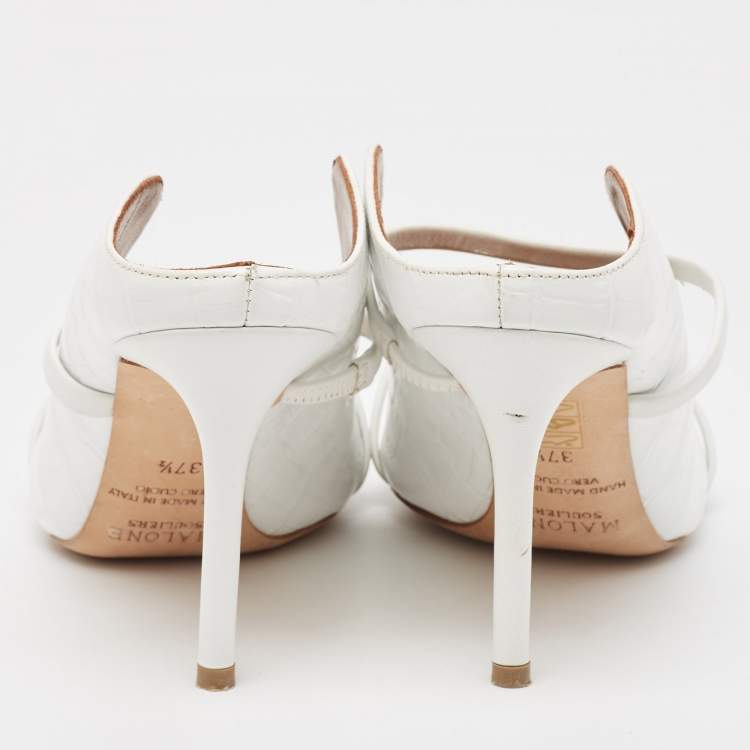 Pre Owned Malone Souliers White Croc Embossed Leather Maureen Pointed Toe Mules Size 37.5