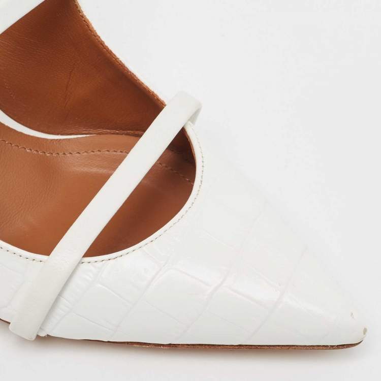 Pre Owned Malone Souliers White Croc Embossed Leather Maureen Pointed Toe Mules Size 37.5