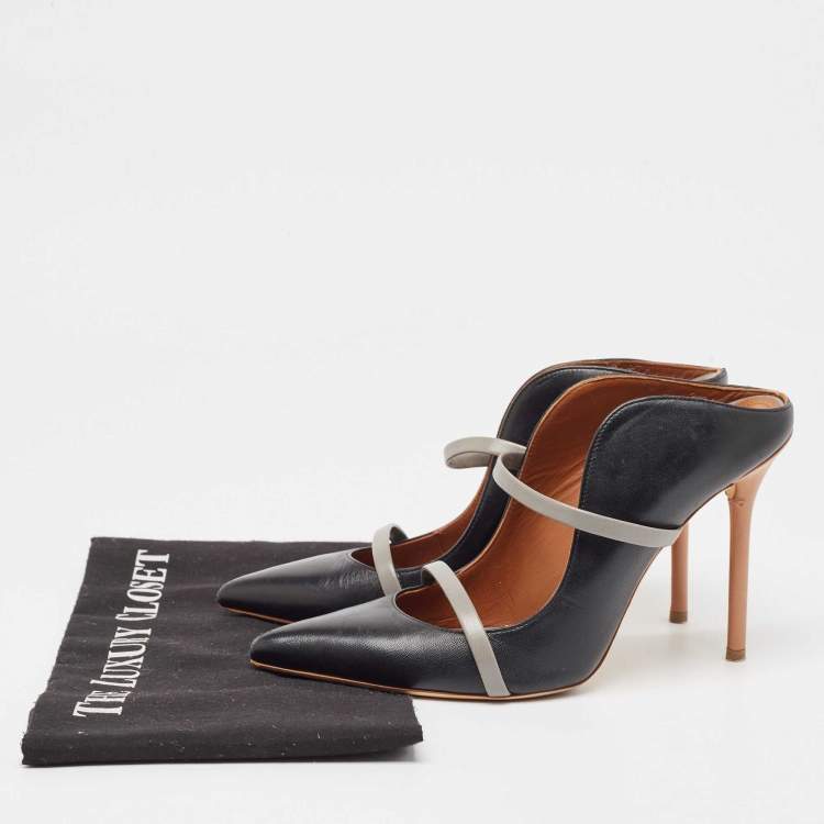مملوكة مسبقًا Malone Souliers Black/Grey Leather Maureen Pointed Toe Mules Size 38