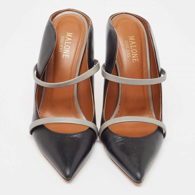 مملوكة مسبقًا Malone Souliers Black/Grey Leather Maureen Pointed Toe Mules Size 38