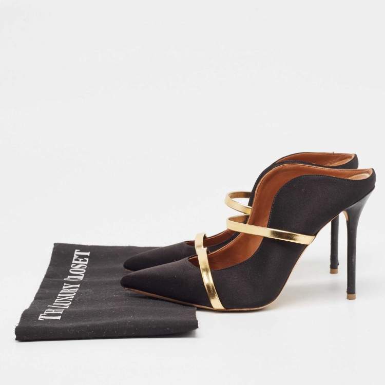 مملوكة مسبقًا Malone Souliers Black/Gold Satin and Leather Maureen Mules Size 38.5