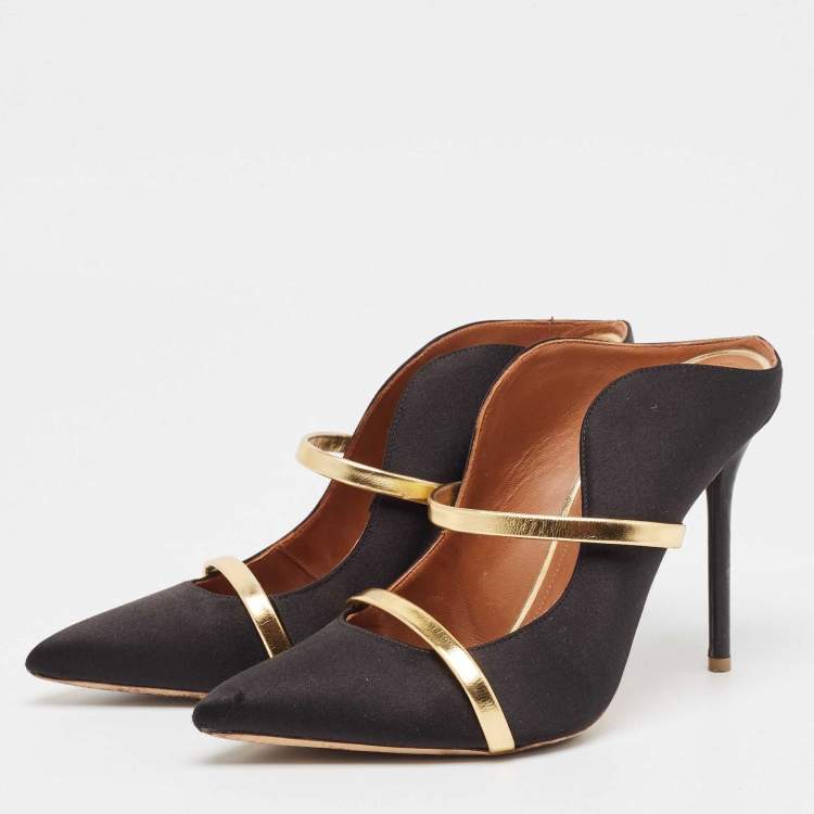 مملوكة مسبقًا Malone Souliers Black/Gold Satin and Leather Maureen Mules Size 38.5