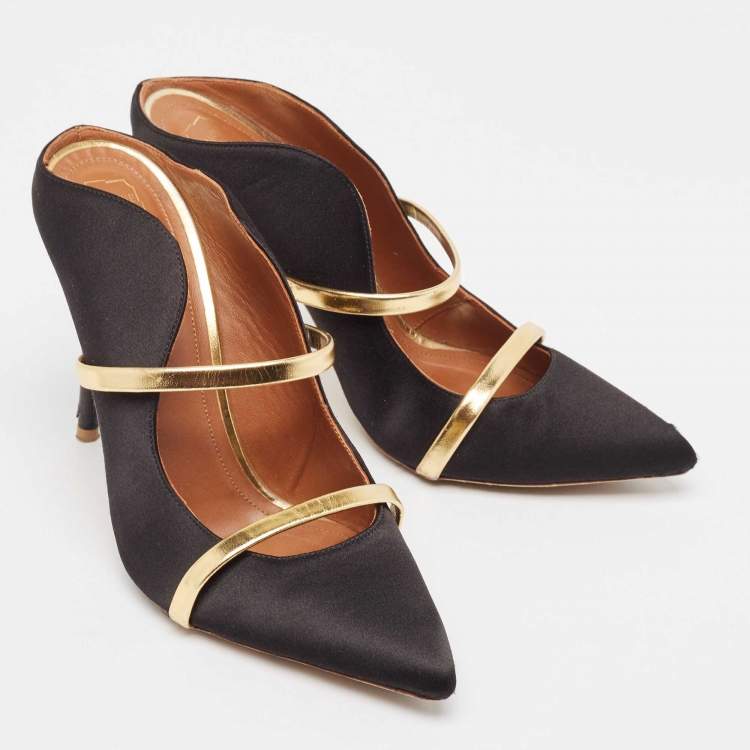 مملوكة مسبقًا Malone Souliers Black/Gold Satin and Leather Maureen Mules Size 38.5