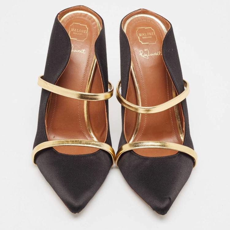 مملوكة مسبقًا Malone Souliers Black/Gold Satin and Leather Maureen Mules Size 38.5