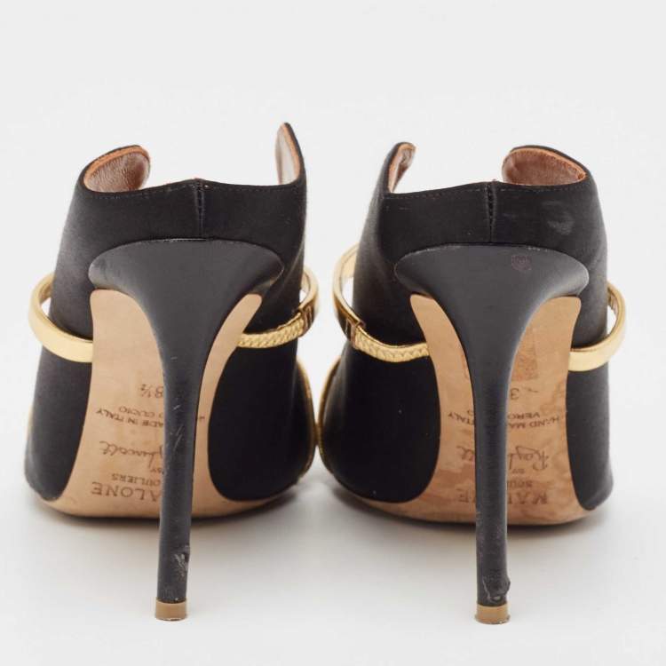 مملوكة مسبقًا Malone Souliers Black/Gold Satin and Leather Maureen Mules Size 38.5