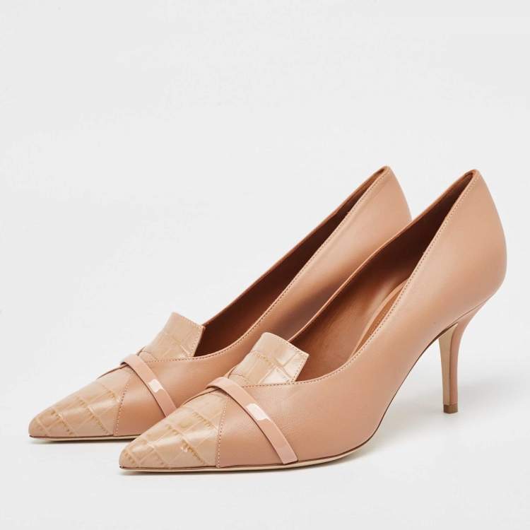 Pre Owned Malone Souliers Beige Embossed Crocodile and Leather Pointed Toe Pumps Size 39.5