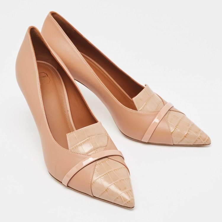 Pre Owned Malone Souliers Beige Embossed Crocodile and Leather Pointed Toe Pumps Size 39.5