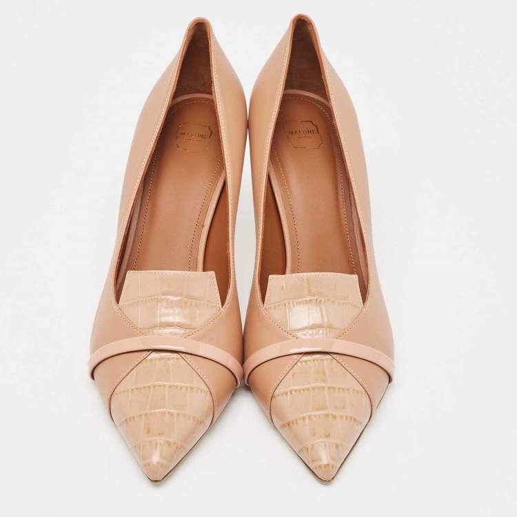 Pre Owned Malone Souliers Beige Embossed Crocodile and Leather Pointed Toe Pumps Size 39.5