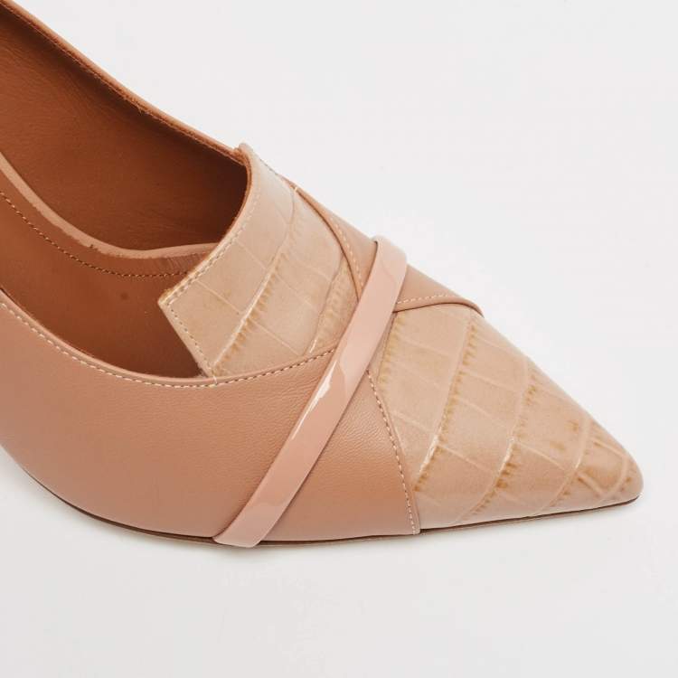 Pre Owned Malone Souliers Beige Embossed Crocodile and Leather Pointed Toe Pumps Size 39.5