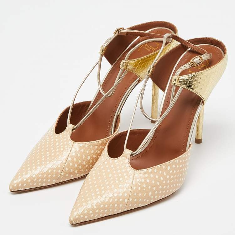 Pre Owned Malone Souliers Beige/Gold Printed Leather and Embossed Python Daria Pumps Size 40