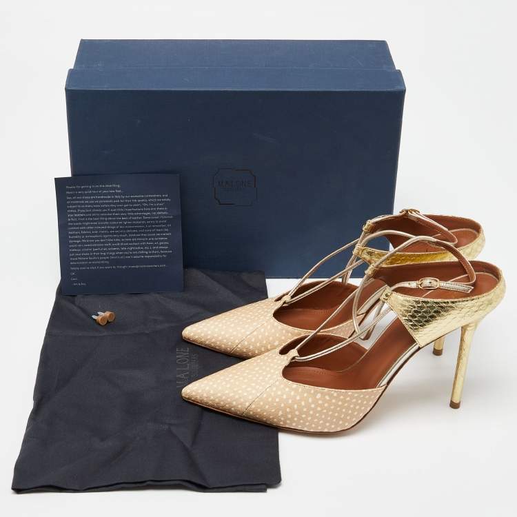Pre Owned Malone Souliers Beige/Gold Printed Leather and Embossed Python Daria Pumps Size 40