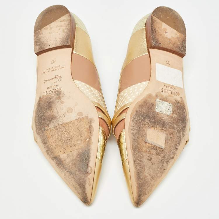 Pre Owned Malone Souliers Brown/Gold Leather and Embossed Python Ballet Flats Size 37