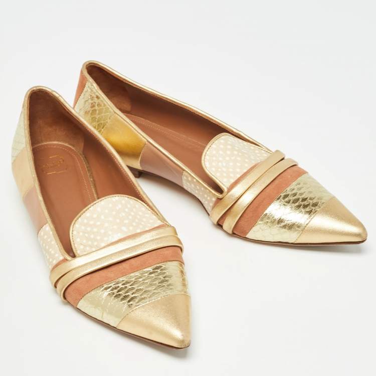 Pre Owned Malone Souliers Brown/Gold Leather and Embossed Python Ballet Flats Size 37