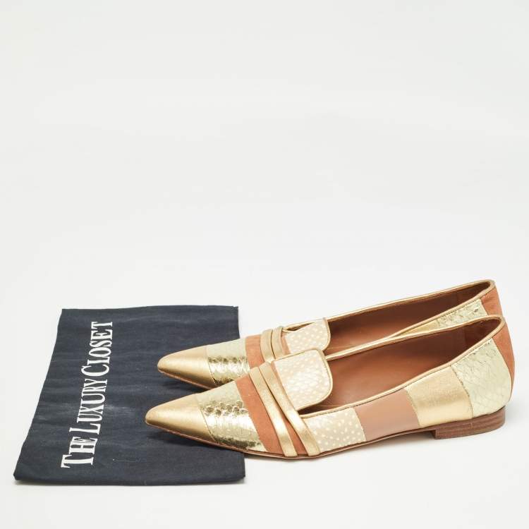 Pre Owned Malone Souliers Brown/Gold Leather and Embossed Python Ballet Flats Size 37