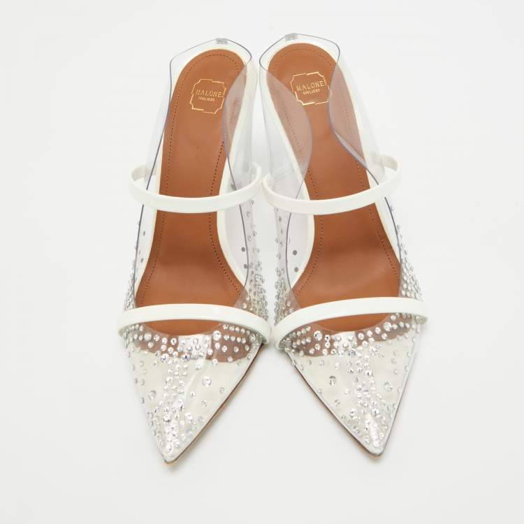 Pre Owned Malone Souliers Transparent PVC Crystal Embellished Maureen Mules Size 38.5
