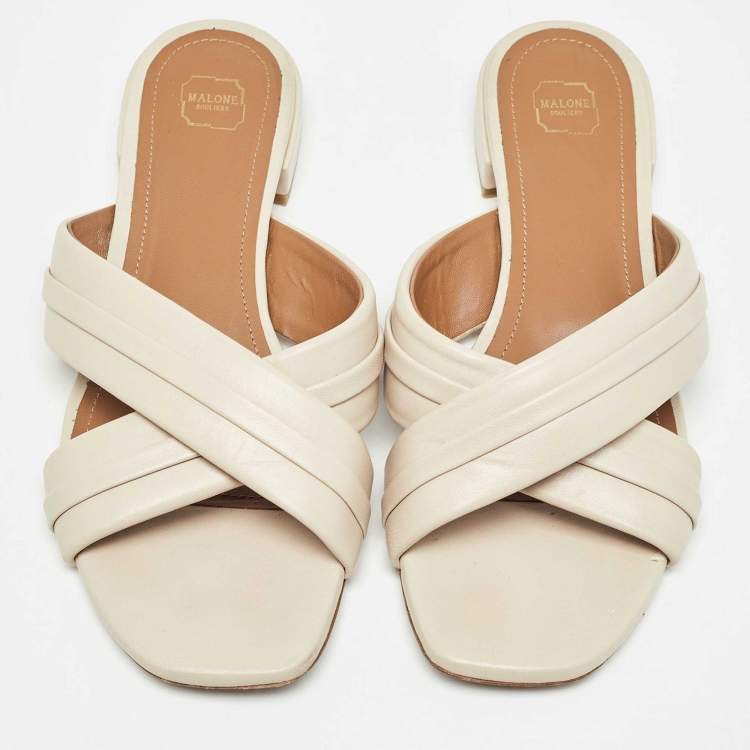 Pre Owned Malone Souliers Beige Leather Gavi Flat Slides Size 38