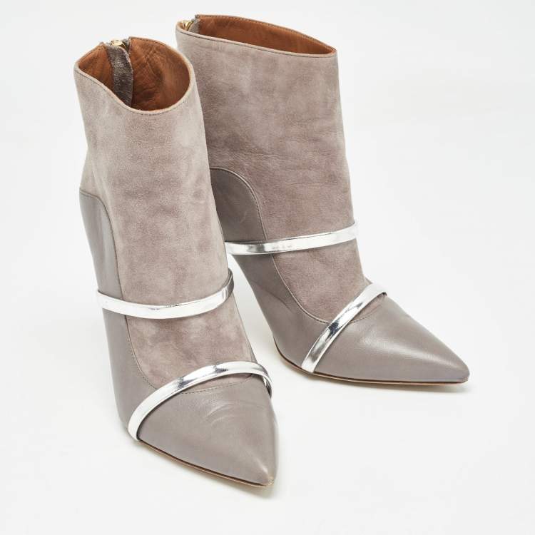 Pre Owned Malone Souliers Grey Suede and Leather Pointed Toe Ankle Booties Size 38.5