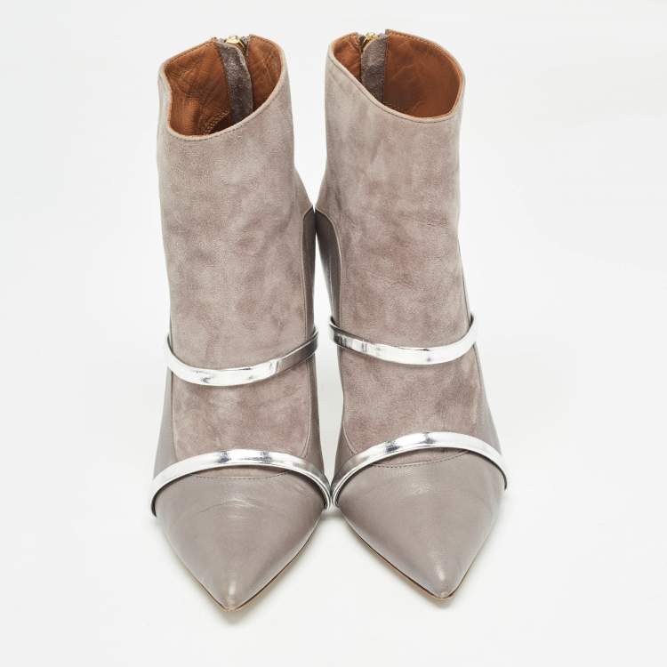 Pre Owned Malone Souliers Grey Suede and Leather Pointed Toe Ankle Booties Size 38.5