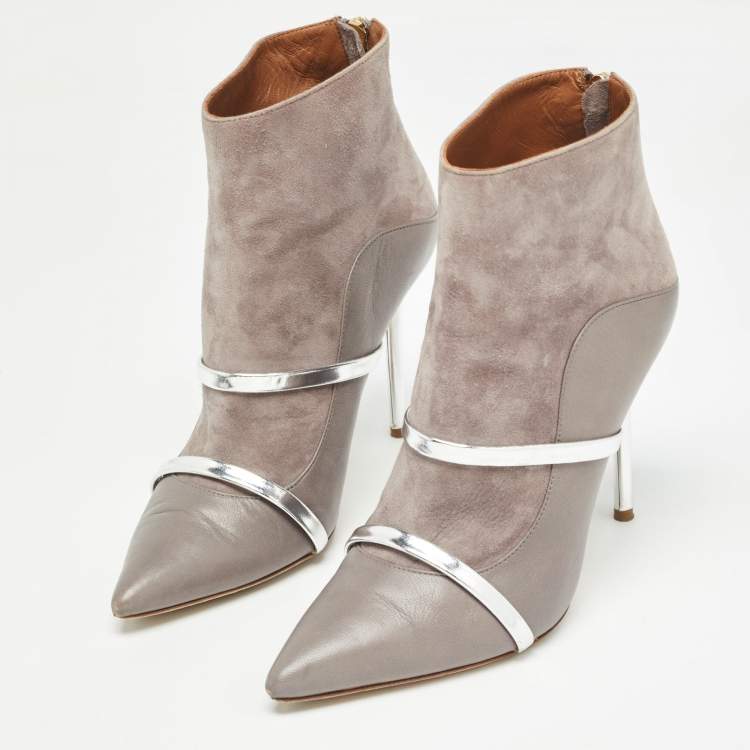 Pre Owned Malone Souliers Grey Suede and Leather Pointed Toe Ankle Booties Size 38.5