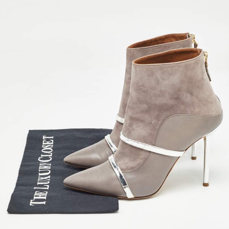 Pre Owned Malone Souliers Grey Suede and Leather Pointed Toe Ankle Booties Size 38.5