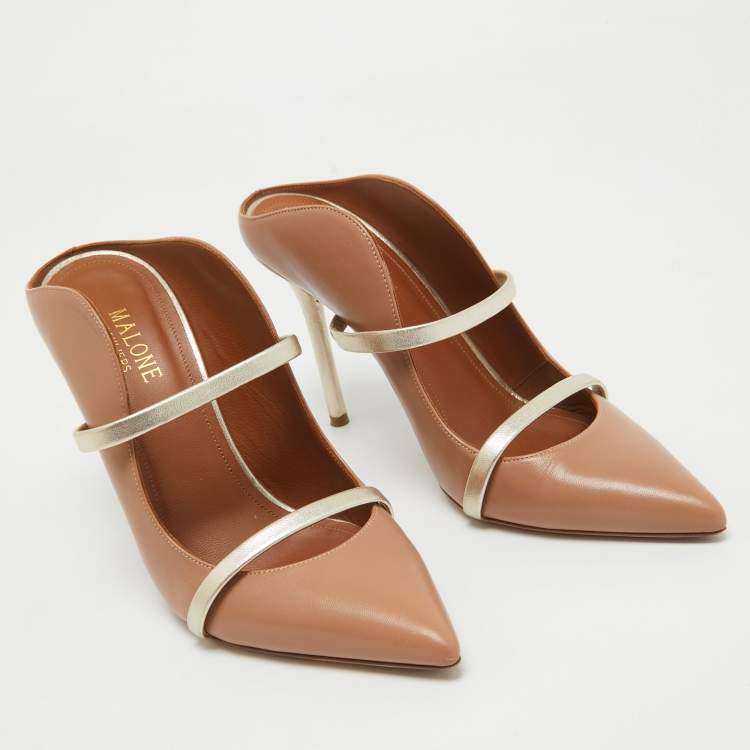 Pre Owned Malone Souliers Brown/Gold Leather Maureen Pointed Toe Mules Size 37