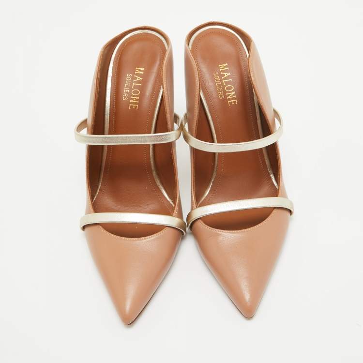 Pre Owned Malone Souliers Brown/Gold Leather Maureen Pointed Toe Mules Size 37