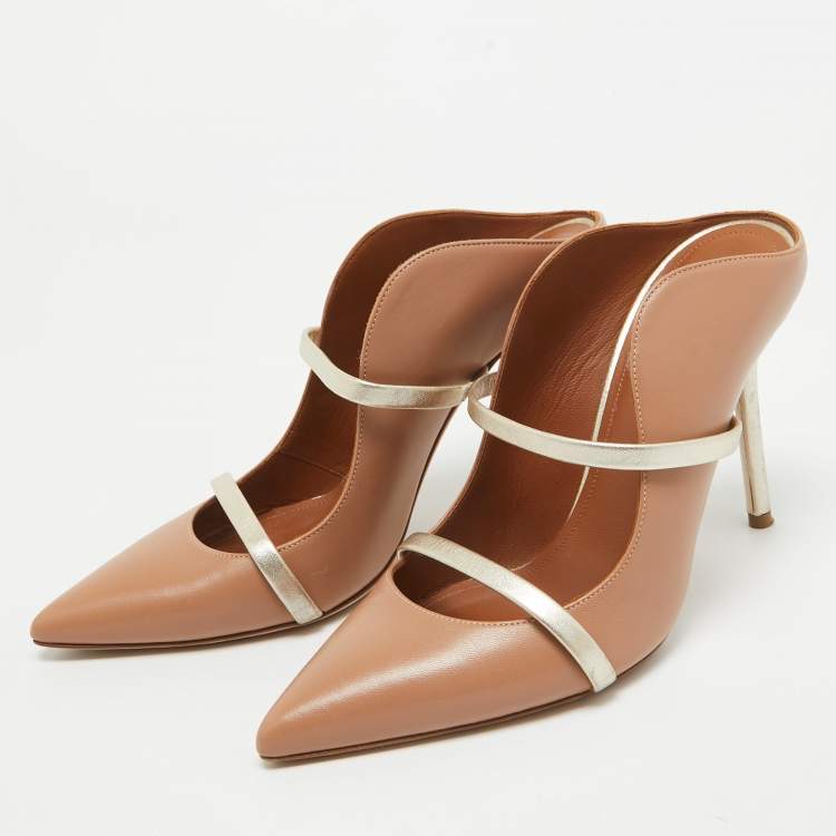 Pre Owned Malone Souliers Brown/Gold Leather Maureen Pointed Toe Mules Size 37