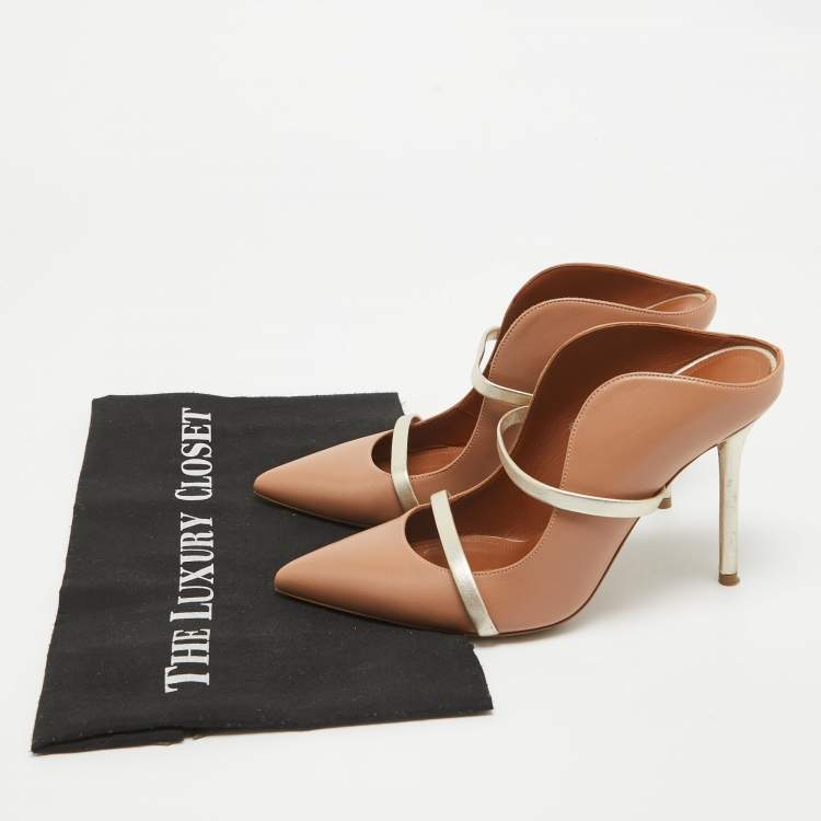 Pre Owned Malone Souliers Brown/Gold Leather Maureen Pointed Toe Mules Size 37